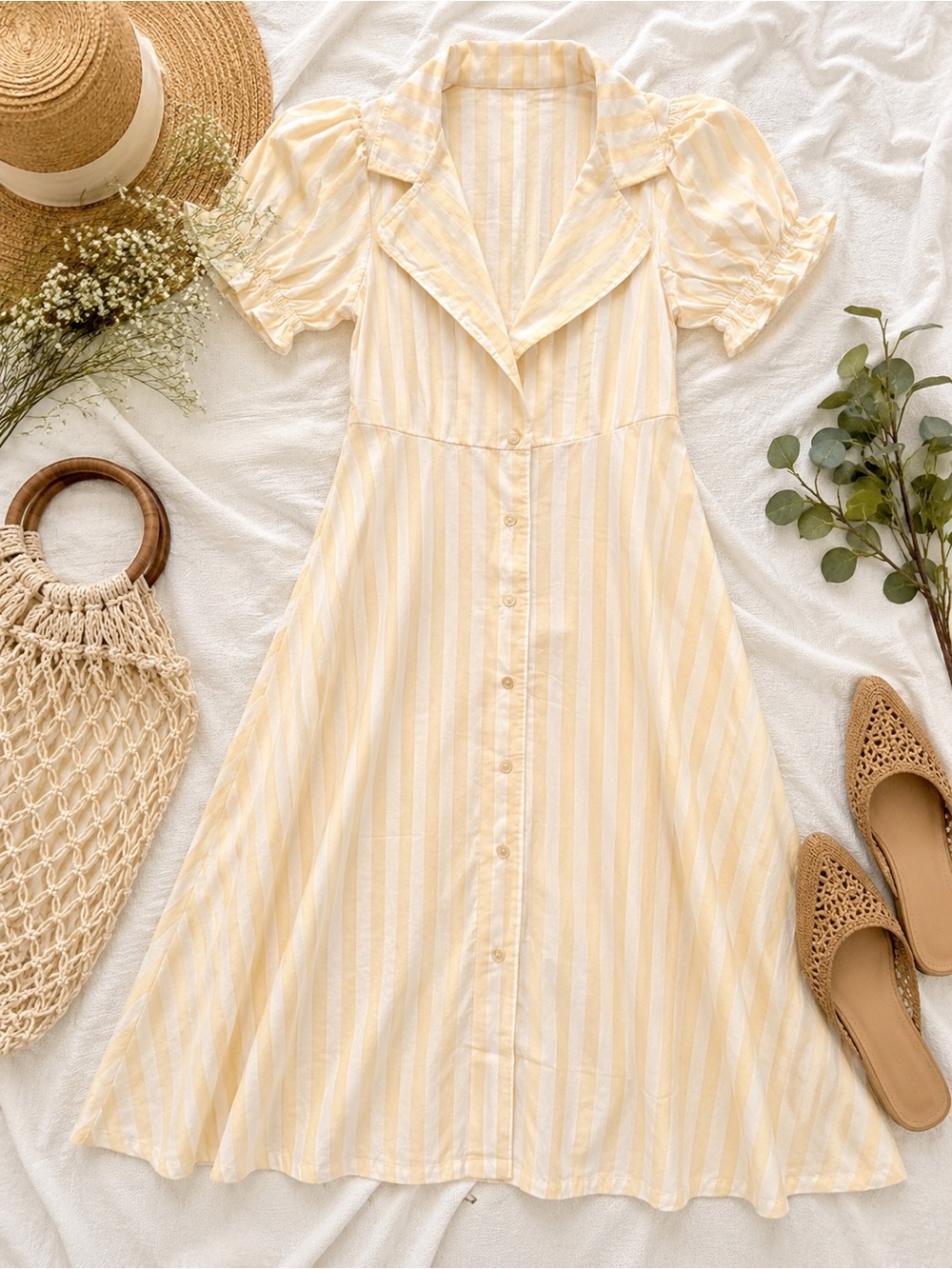 NWT WeWoreWhat Bella Dress XS Shortbread Stripe Puff Sleeve Midi Dress $320